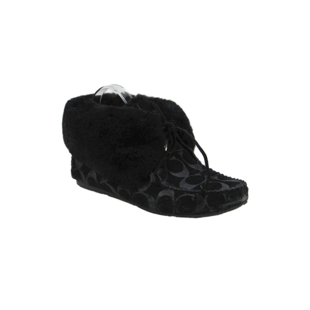 Coach Womens Lace Up Monogram Suede Shearling Trim Moccasins Black Size 7.5